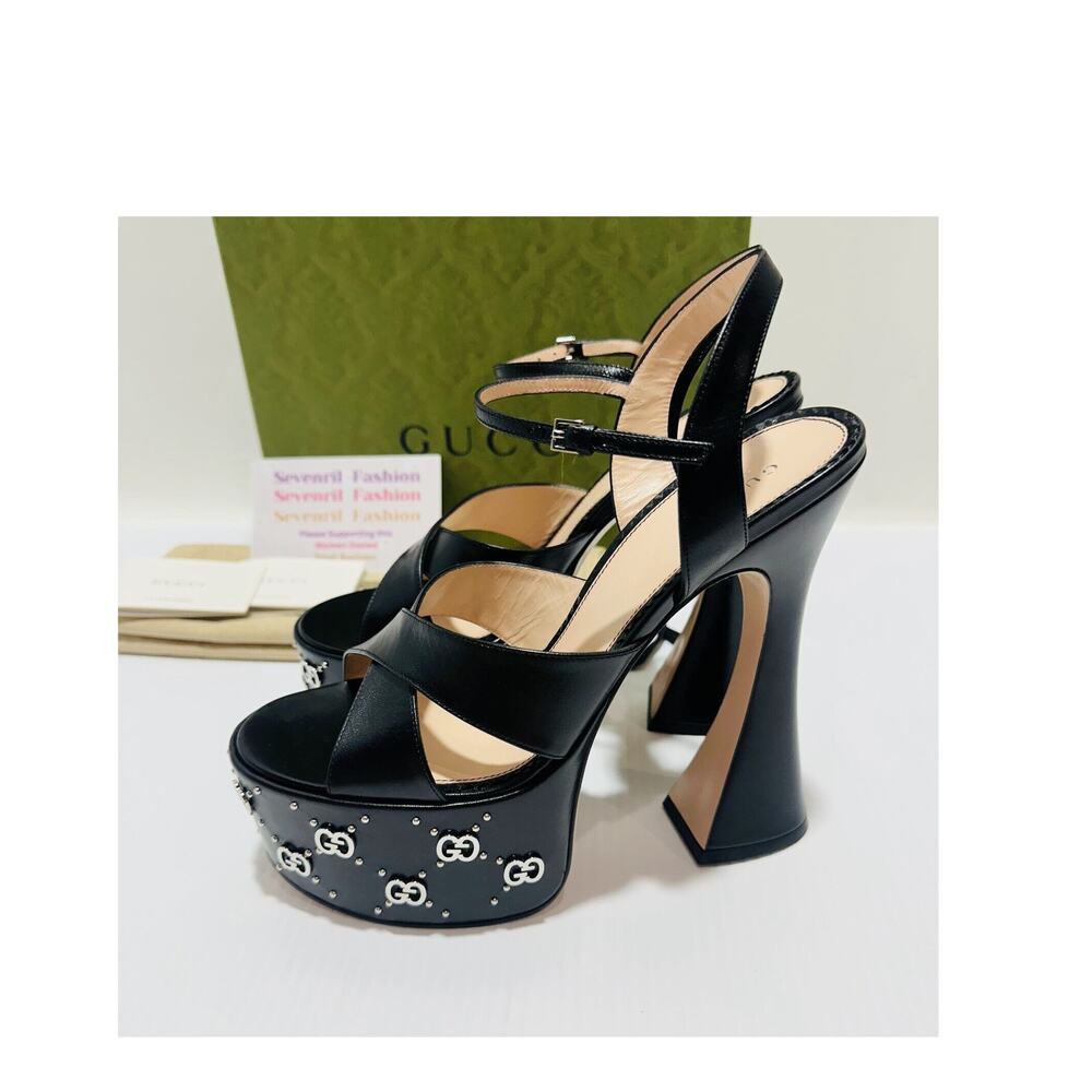 NIB Gucci Janaya Black Platform Slingback Sandals 40.5 US 10.5 GG Studded Heels - Picture 5 of 16